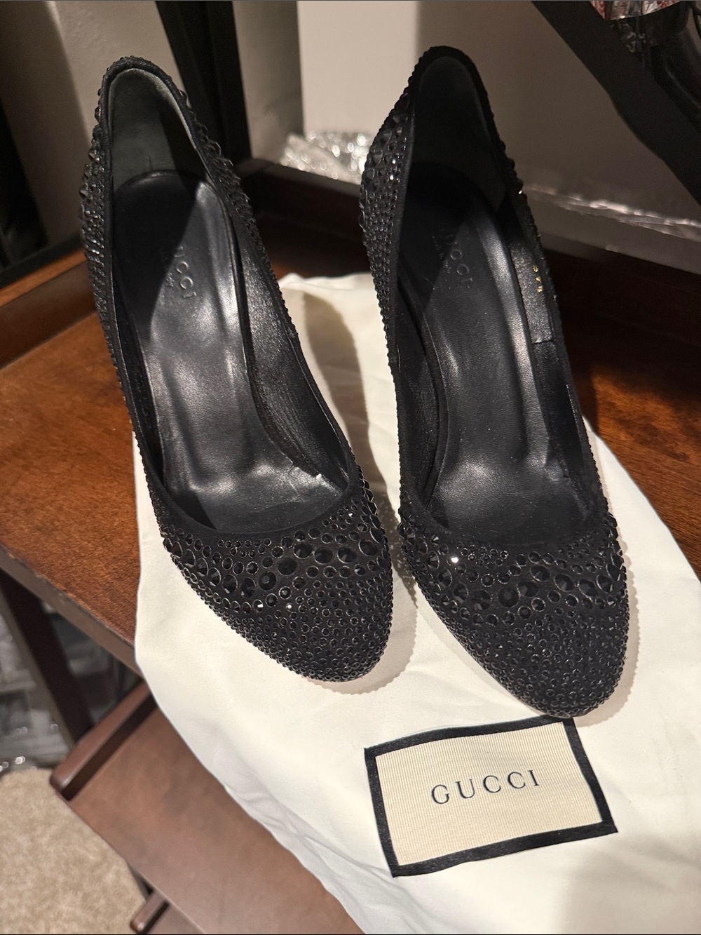 Gucci Black Crystal-Studded Pointed-Toe Pumps